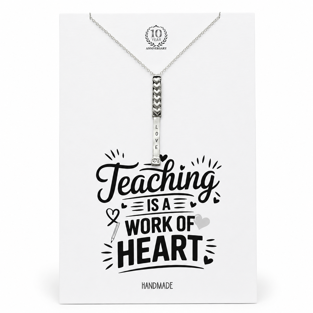 Liora Teach Love Inspire Bar Pendant Necklace with Crystal, Handmade Teacher Appreciation Gifts for Women with Inspirational Greeting Card, Silver-Tone