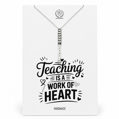 Liora Teach Love Inspire Bar Pendant Necklace with Crystal, Handmade Teacher Appreciation Gifts for Women with Inspirational Greeting Card, Silver-Tone