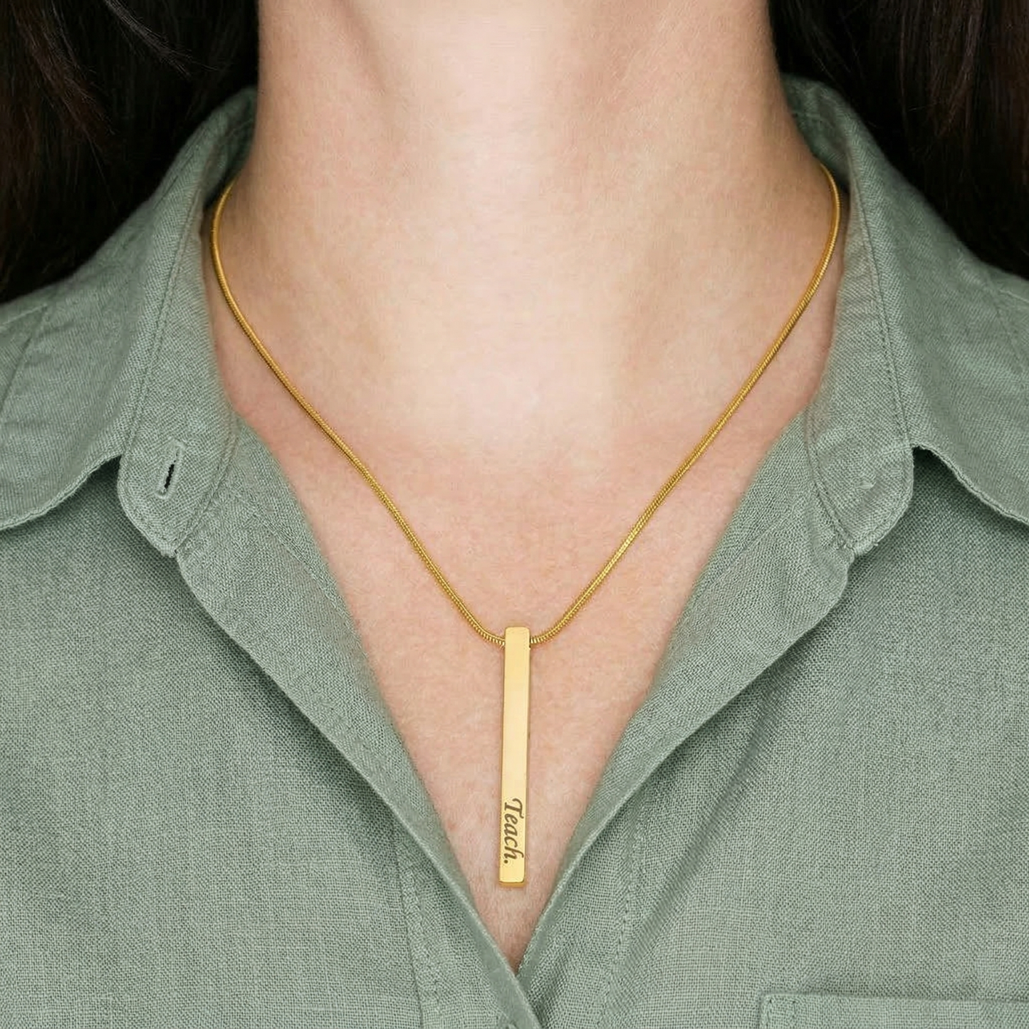 Teacher Appreciation Gift for Her | Teach. Love. Inspire. | Engraved 4-Sided Stick Necklace with Message Card