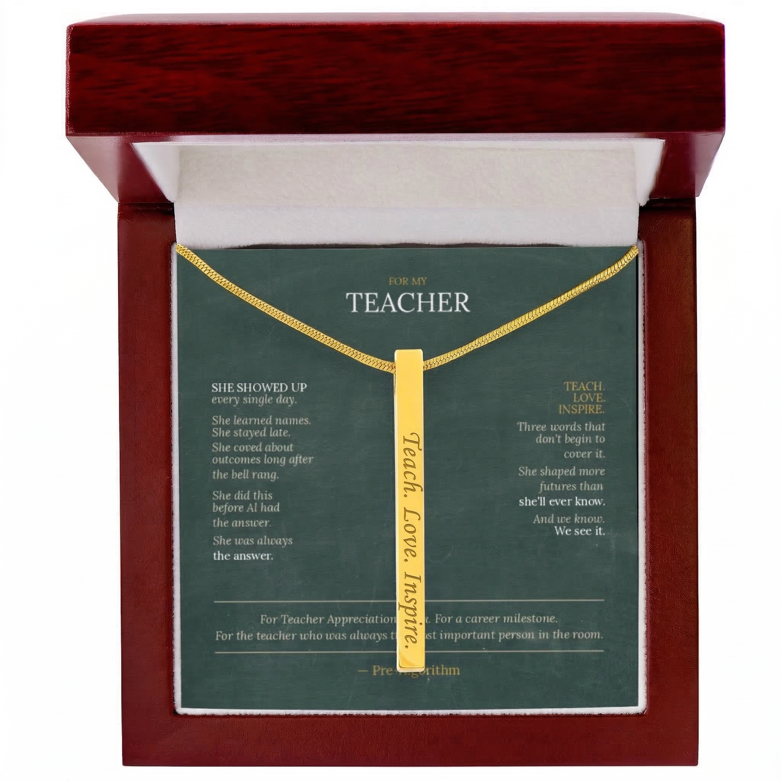 Teacher Appreciation Gift for Her | Teach. Love. Inspire. | Engraved 4-Sided Stick Necklace with Message Card