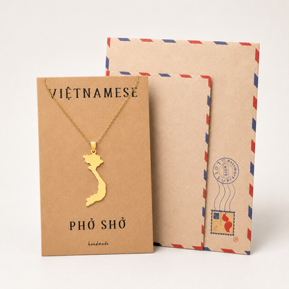 Bithiah Vietnamese Pho Sho Pendant Necklace Gold Tone with Handmade Inspirational Greeting Card