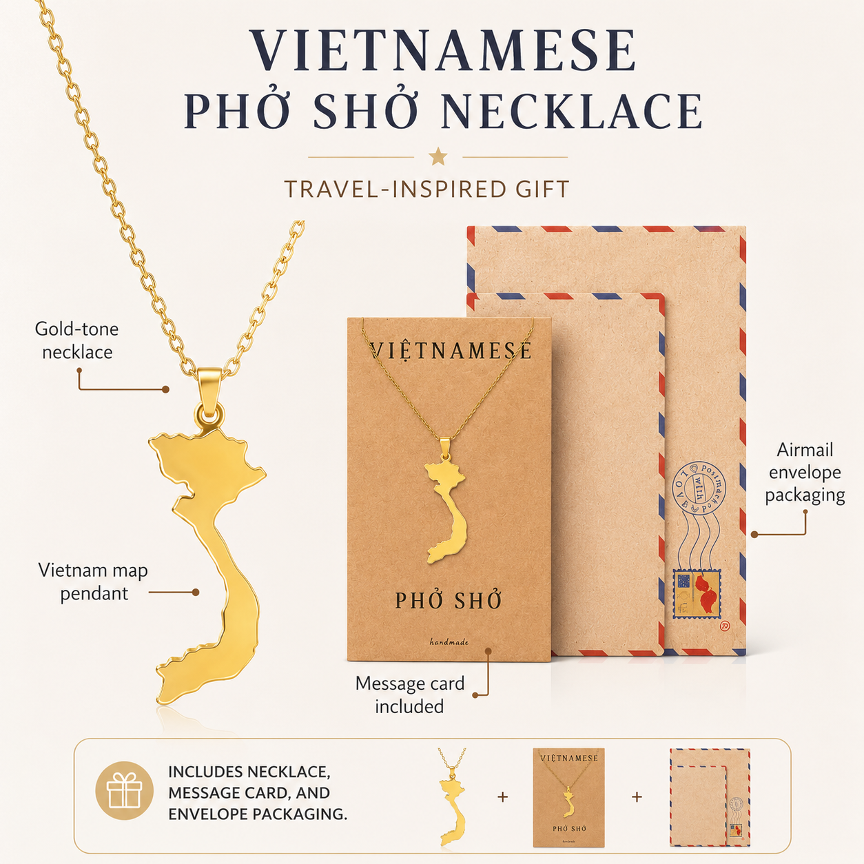 Bithiah Vietnamese Pho Sho Pendant Necklace Gold Tone with Handmade Inspirational Greeting Card