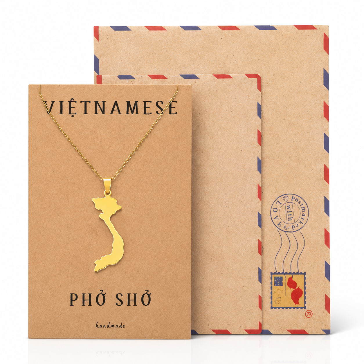 Bithiah Vietnamese Pho Sho Pendant Necklace Gold Tone with Handmade Inspirational Greeting Card