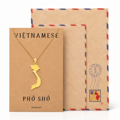 Bithiah Vietnamese Pho Sho Pendant Necklace Gold Tone with Handmade Inspirational Greeting Card