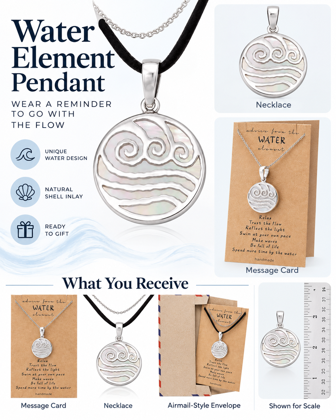 Kaimana Waves Beach Necklace, Gifts for Surfer with Handmade Inspirational Greeting Card