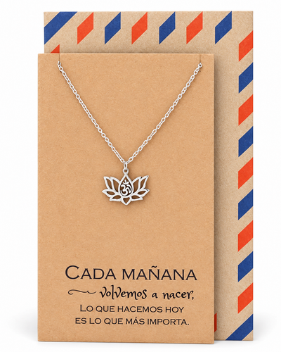 Connie Yoga Jewelry, Lotus Flower Om Necklace with Spanish Yoga Quotes