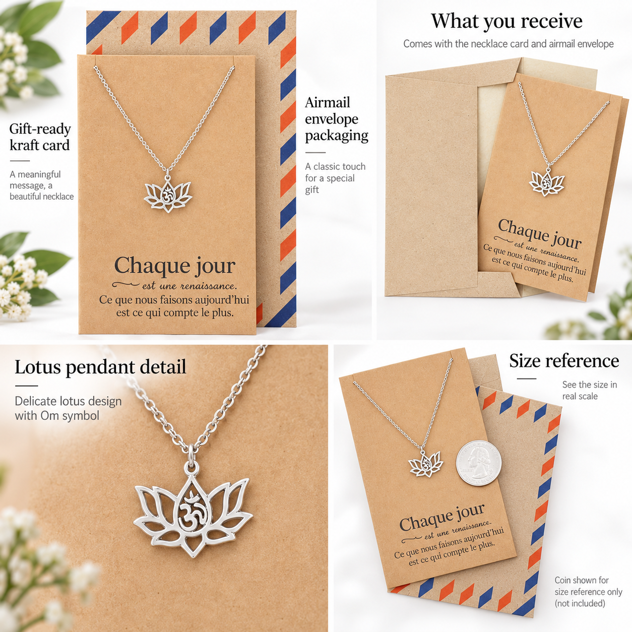 Edith Yoga Jewelry, Lotus Flower Om Necklace with French Yoga Quotes