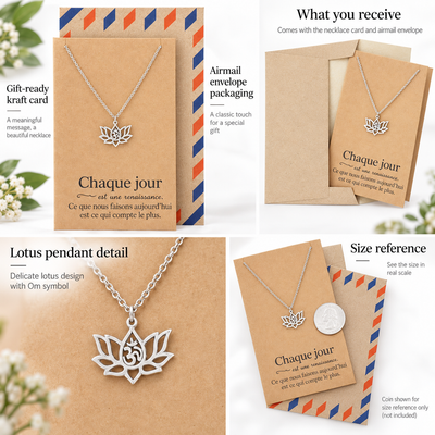 Edith Yoga Jewelry, Lotus Flower Om Necklace with French Yoga Quotes