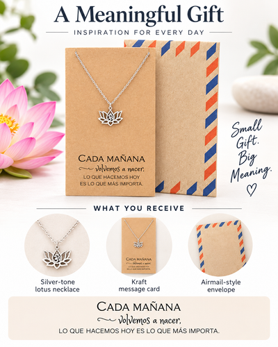 Connie Yoga Jewelry, Lotus Flower Om Necklace with Spanish Yoga Quotes