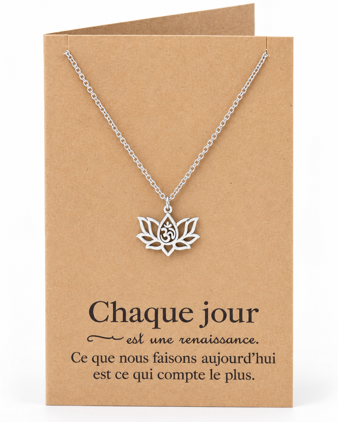 Edith Yoga Jewelry, Lotus Flower Om Necklace with French Yoga Quotes