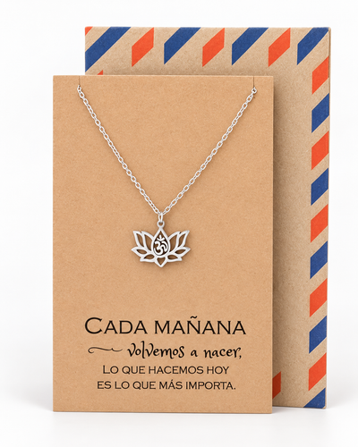 Connie Yoga Jewelry, Lotus Flower Om Necklace with Spanish Yoga Quotes