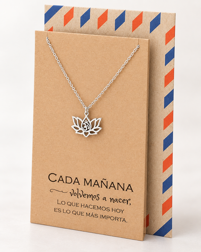 Connie Yoga Jewelry, Lotus Flower Om Necklace with Spanish Yoga Quotes