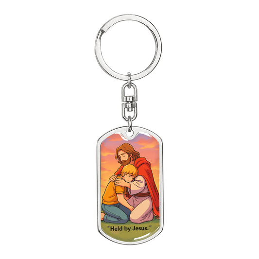 Held by Jesus: Dog Tag Keychain – Inspirational Christian Gift for Men, Women & Teens | Faith Reminder Accessory | Comfort & Protection Scripture Keychain
