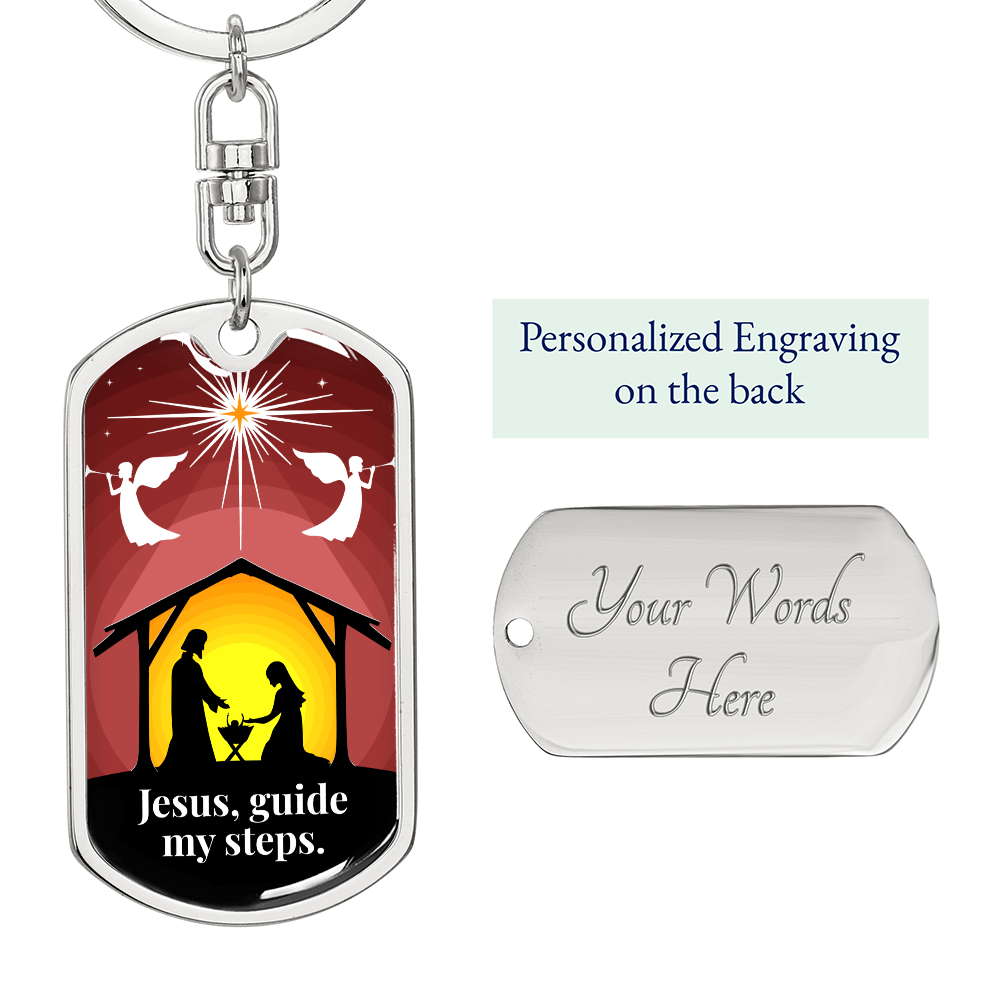 Jesus Guide My Steps Dog Tag Keychain | Christian Nativity Keychain Gift | Religious Encouragement Gift