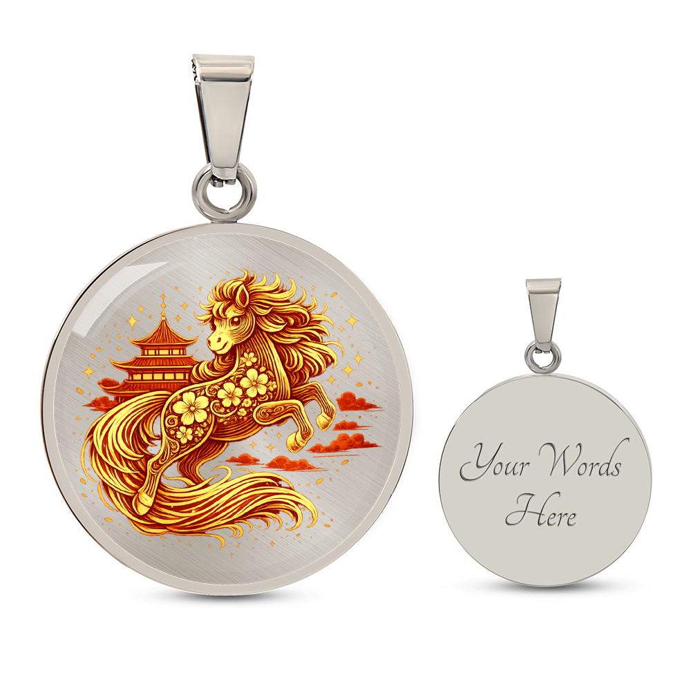 Person wearing golden horse necklace for strength and confidence