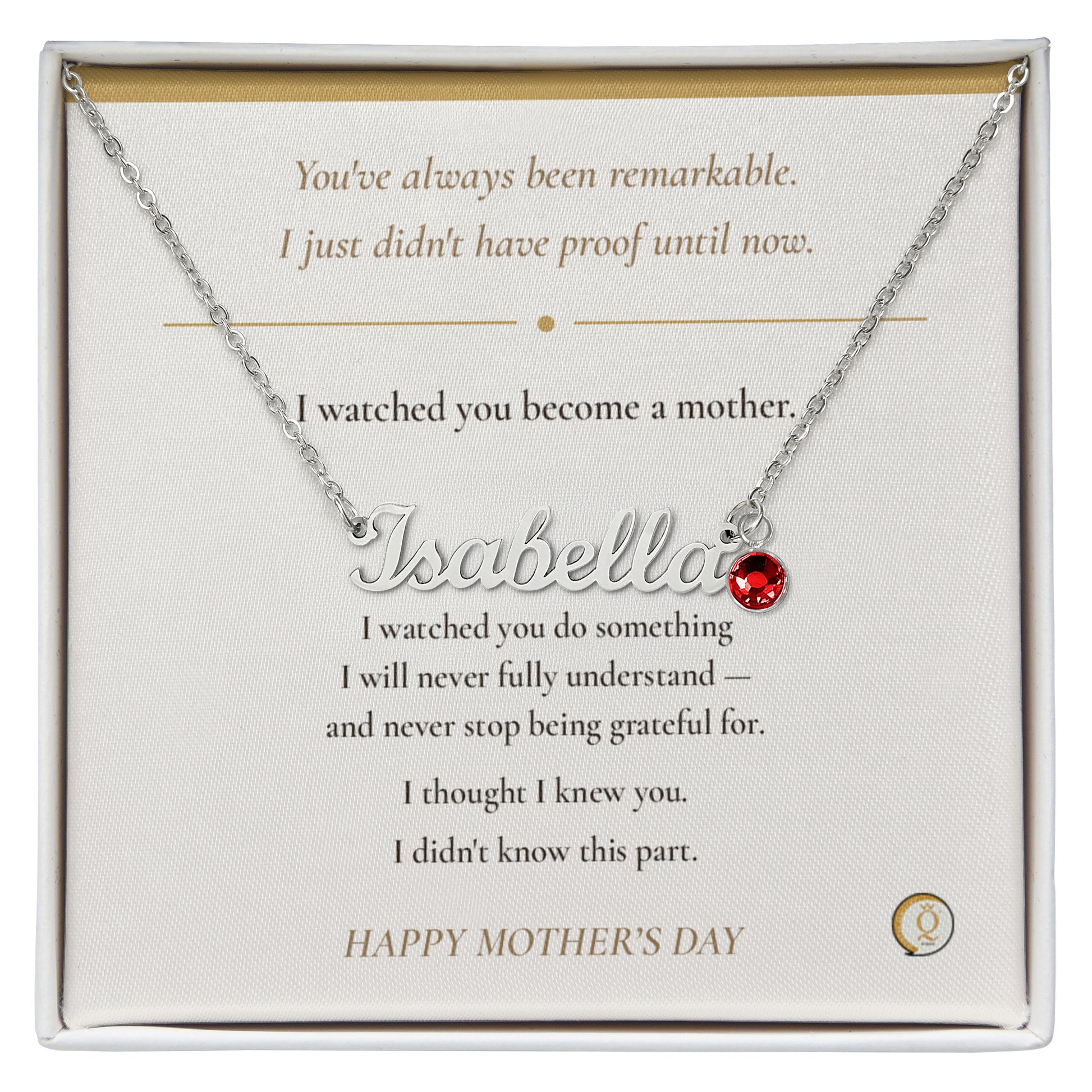 new mom wearing personalized birthstone necklace