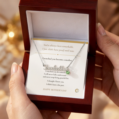 wife opening personalized necklace gift box