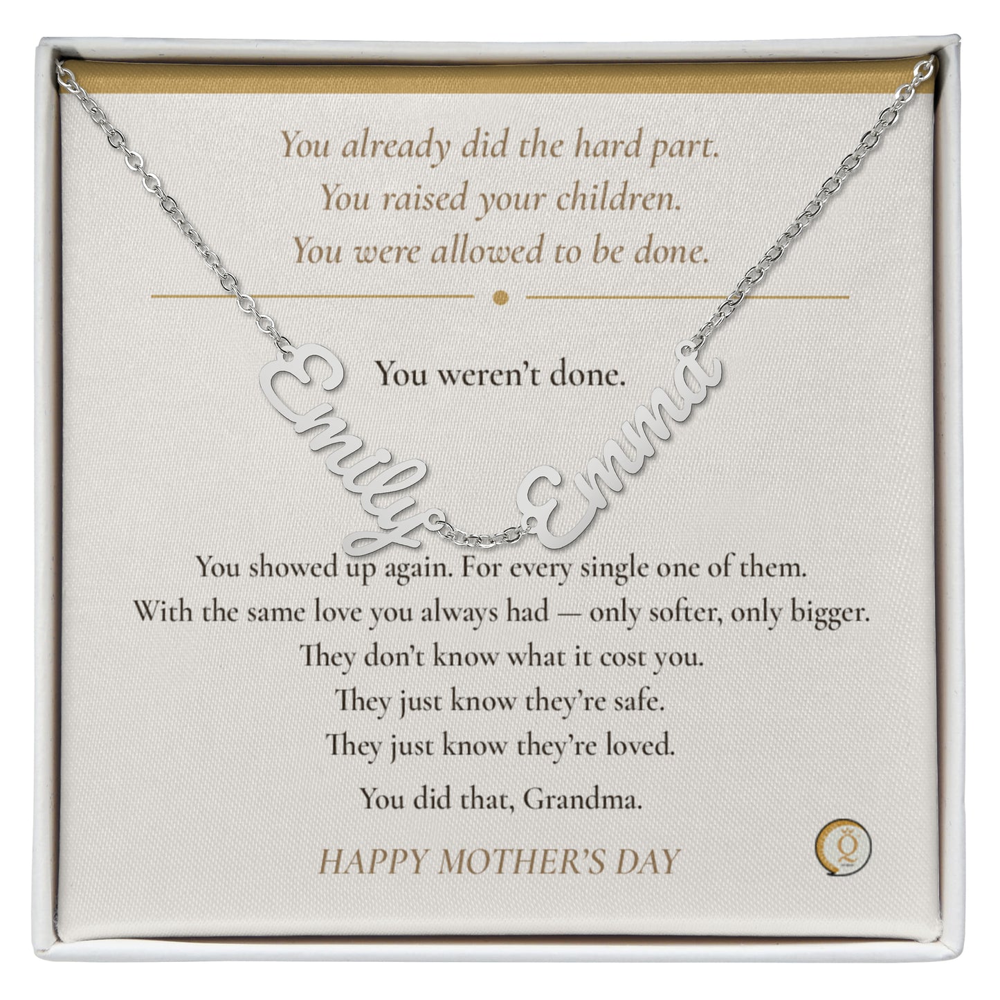 grandmother wearing personalized family necklace