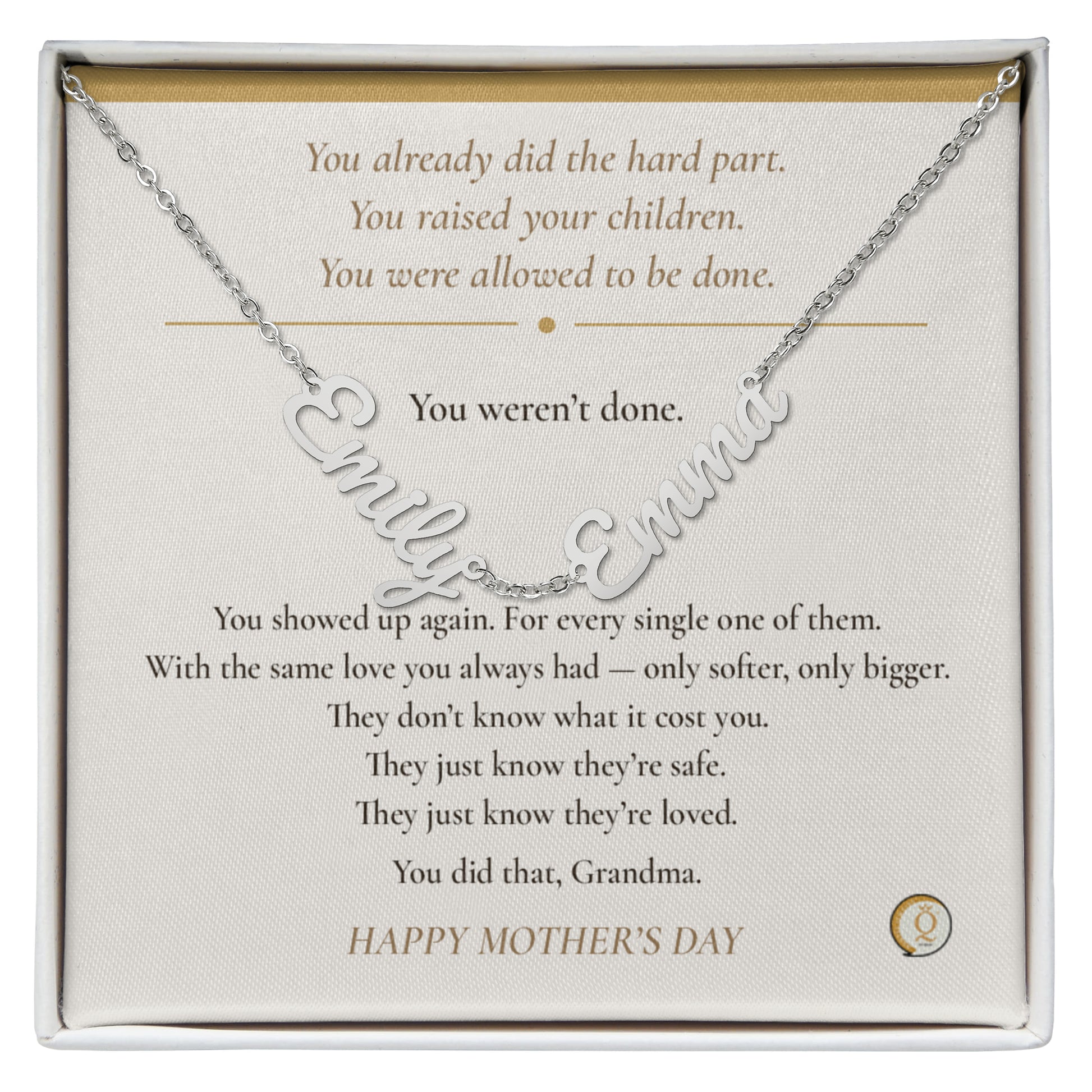 grandmother wearing personalized family necklace
