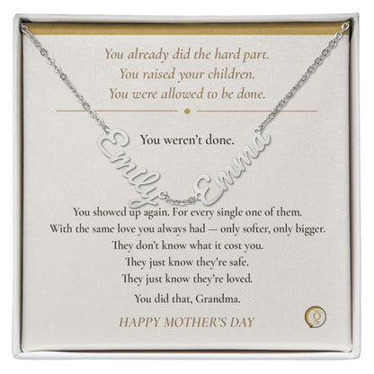 grandmother wearing personalized family necklace