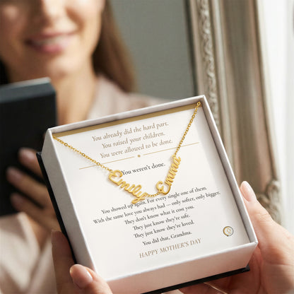 polished stainless steel grandmother necklace flat lay
