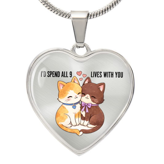 Luxury Heart Pendant Necklace – “I'd Spend All 9 Lives With You” | Cat Lover Valentine Gift | Personalized Heart Necklace | Romantic Anniversary Jewelry