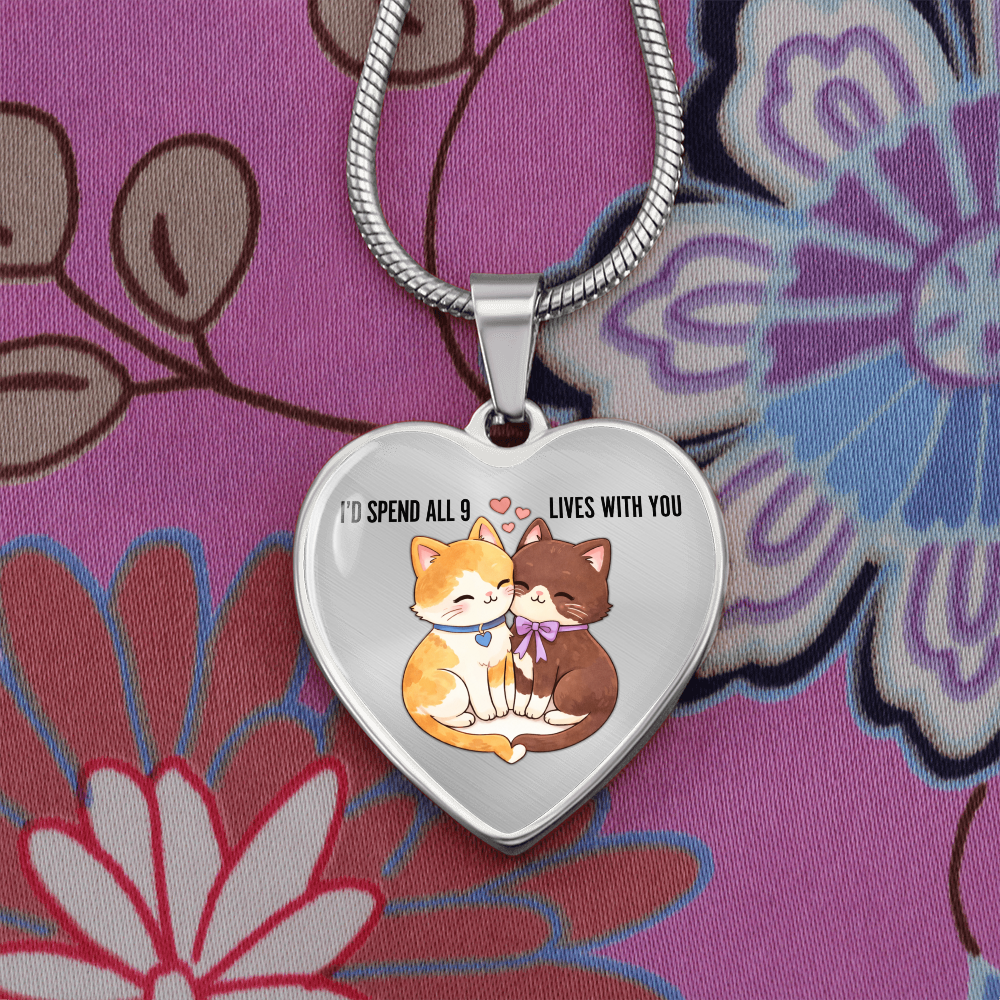 Luxury Heart Pendant Necklace – “I'd Spend All 9 Lives With You” | Cat Lover Valentine Gift | Personalized Heart Necklace | Romantic Anniversary Jewelry