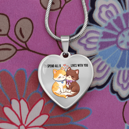 Luxury Heart Pendant Necklace – “I'd Spend All 9 Lives With You” | Cat Lover Valentine Gift | Personalized Heart Necklace | Romantic Anniversary Jewelry