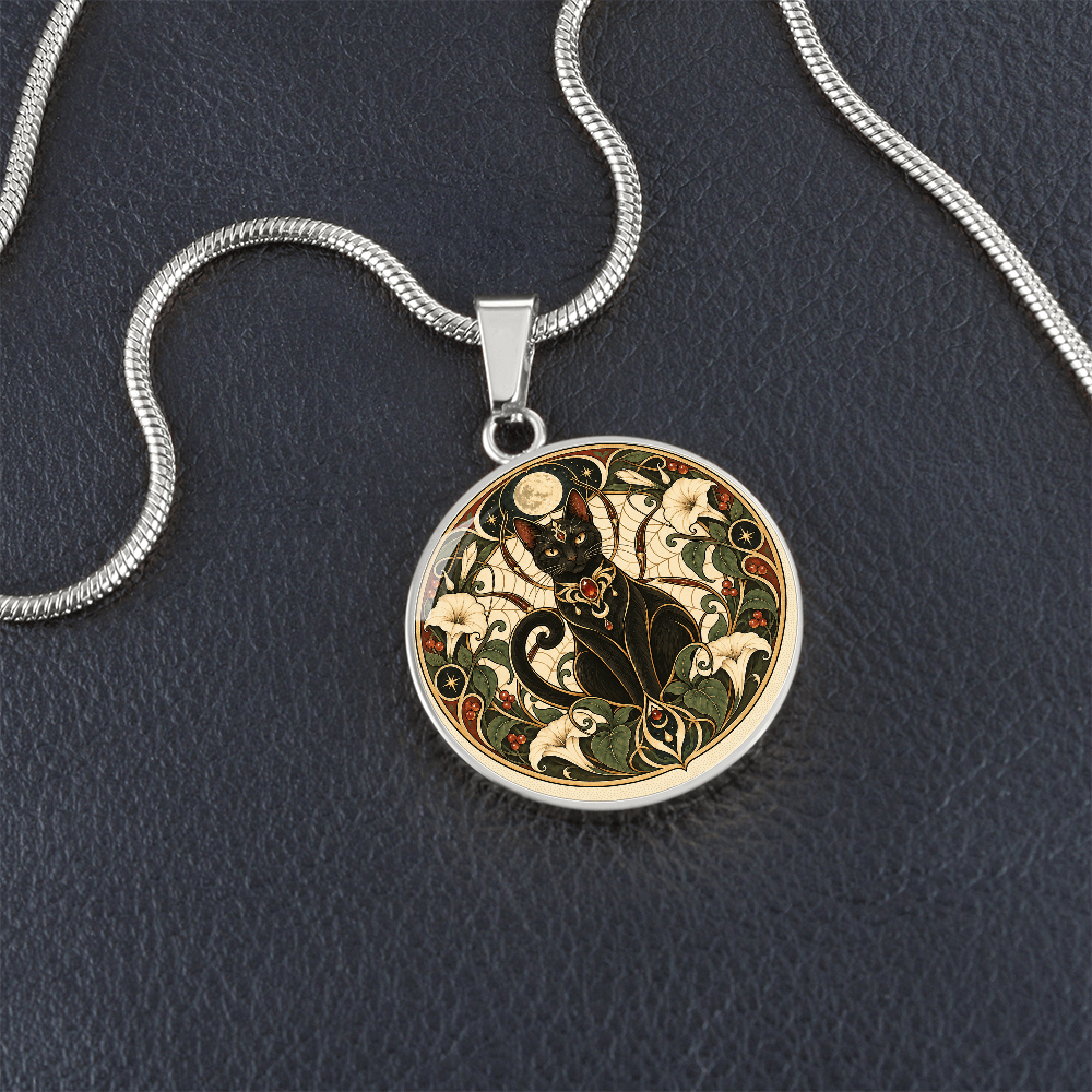 Moonlit Black Cat Necklace | Art Nouveau Celestial Pendant