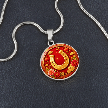 Woman wearing lucky horseshoe necklace for Chinese New Year
