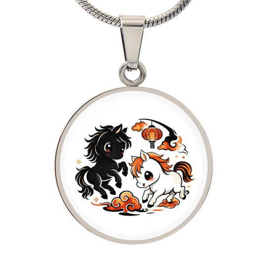 Luxury Fire Horse circle necklace with dual horse illustration