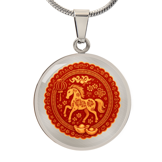 Lucky Horse medallion necklace in red and gold design