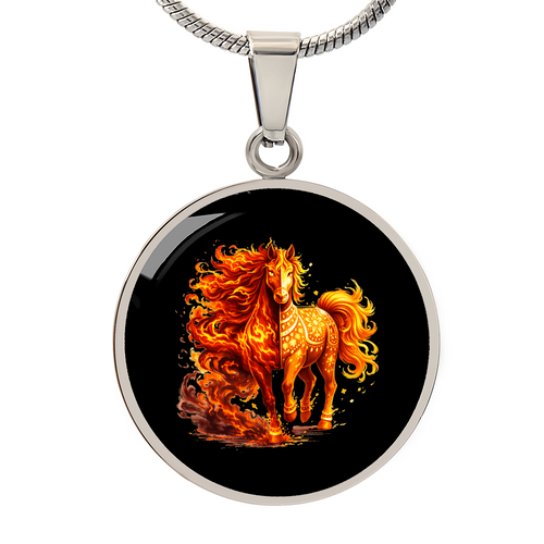 Fiery Fire Horse circle necklace with bold flame artwork