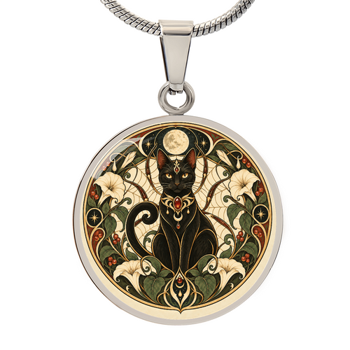 Moonlit Black Cat Necklace | Art Nouveau Celestial Pendant