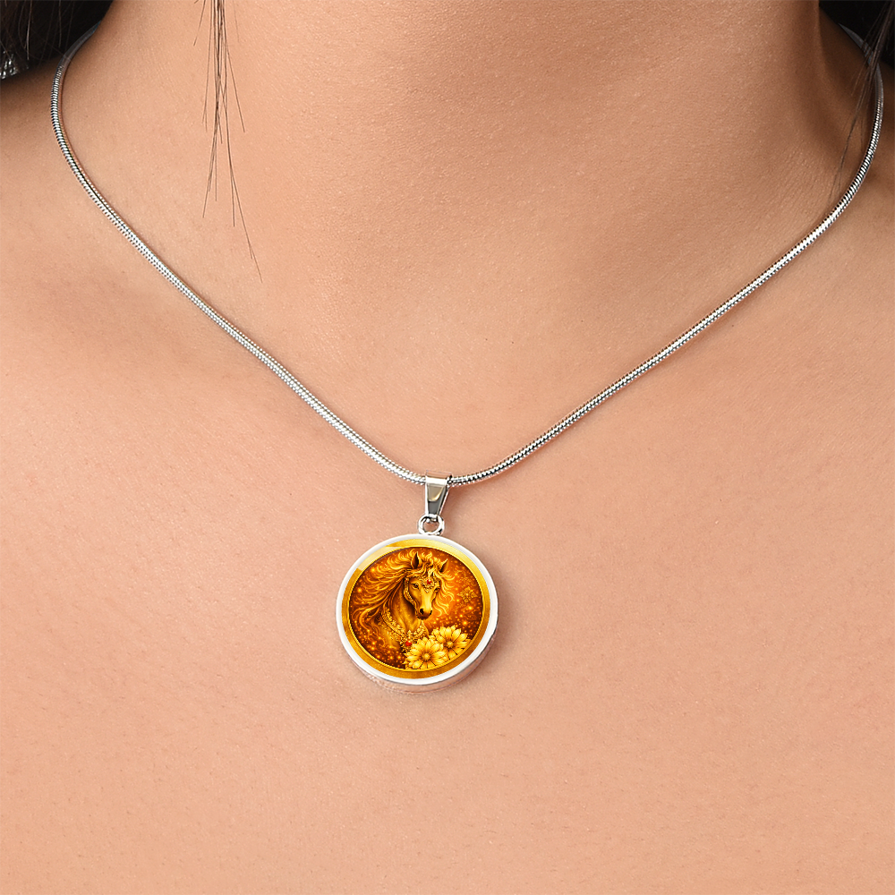 Close-up of golden horse pendant circular design