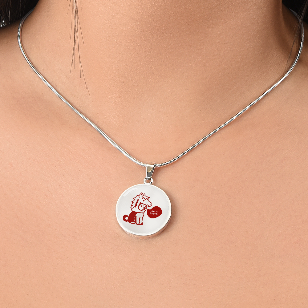 Close-up of playful Year of the Horse medallion necklace