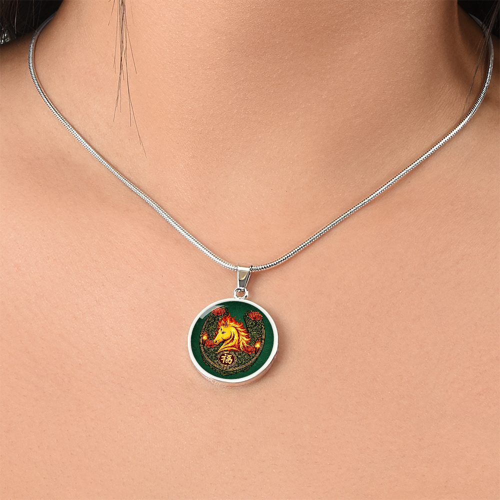 Person wearing Fire Horse Fu necklace for strength and confidence