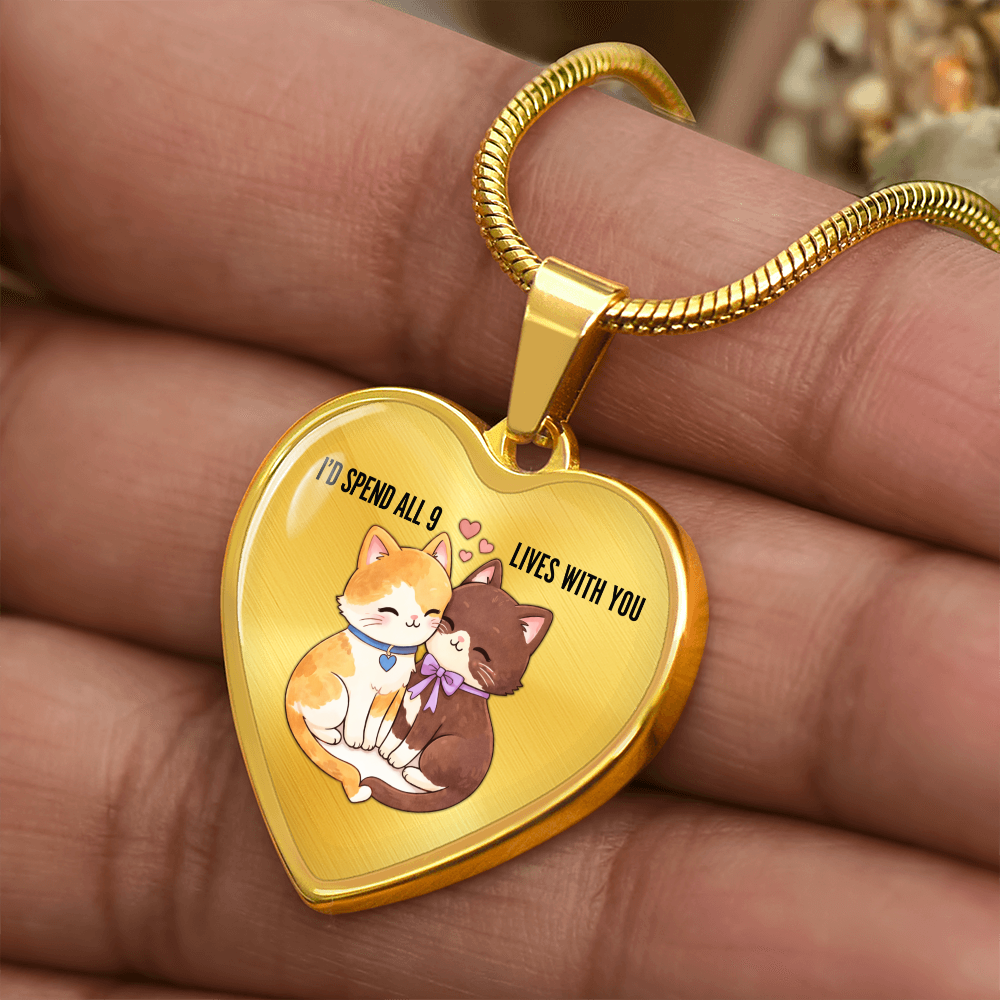 Luxury Heart Pendant Necklace – “I'd Spend All 9 Lives With You” | Cat Lover Valentine Gift | Personalized Heart Necklace | Romantic Anniversary Jewelry