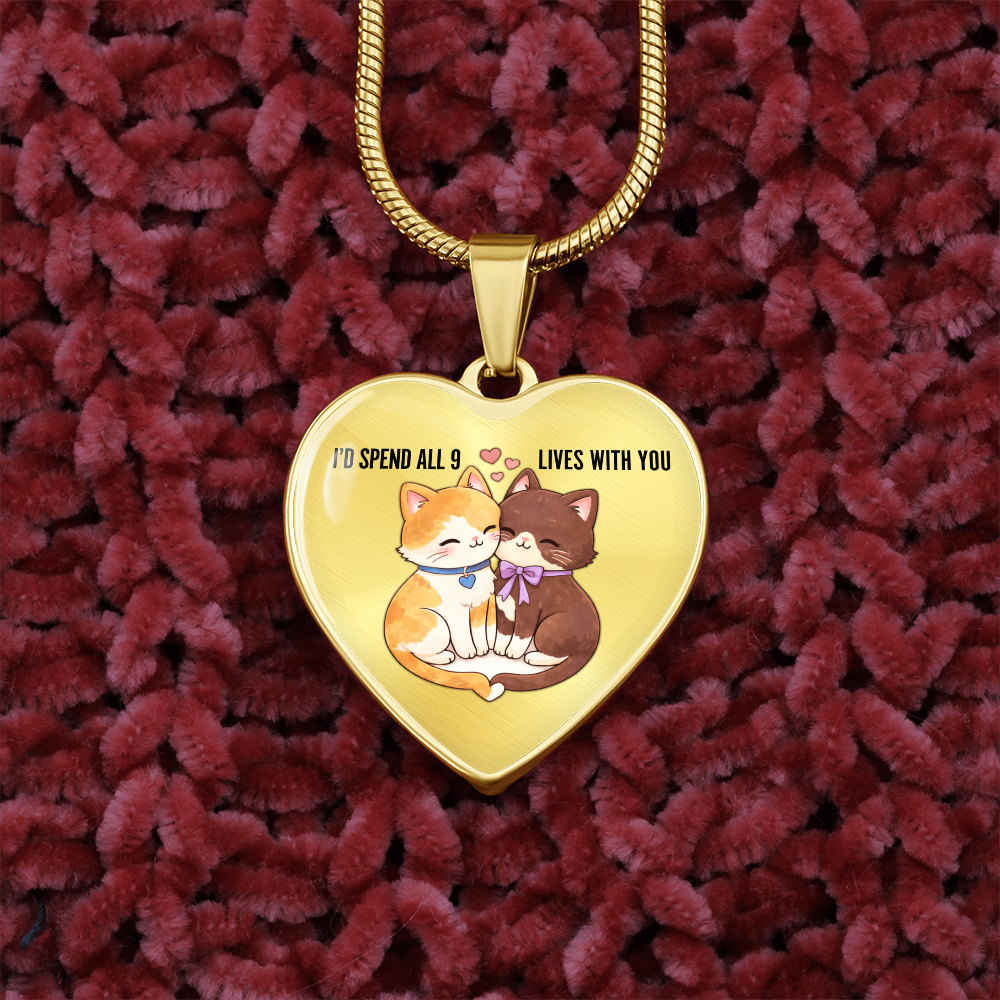 Luxury Heart Pendant Necklace – “I'd Spend All 9 Lives With You” | Cat Lover Valentine Gift | Personalized Heart Necklace | Romantic Anniversary Jewelry