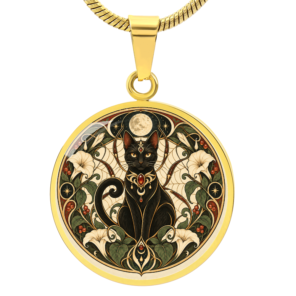 Moonlit Black Cat Necklace | Art Nouveau Celestial Pendant