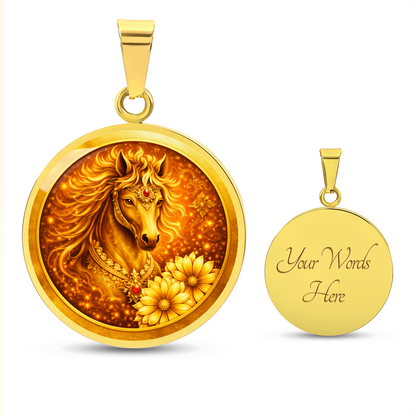 Person wearing golden horse necklace for confidence