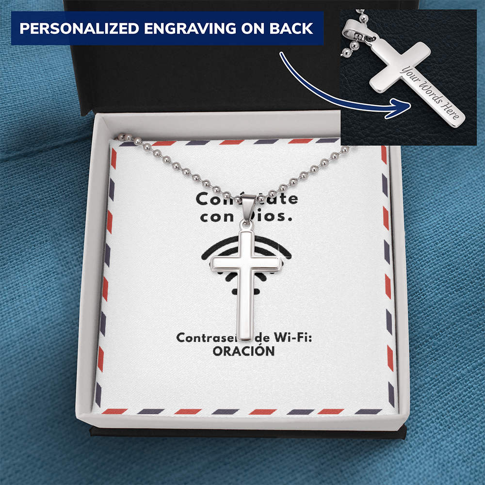 Conéctate con Dios – “WiFi Password: PRAYER” Personalized Cross Necklace | Faith & Prayer Gift