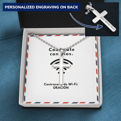 Conéctate con Dios – “WiFi Password: PRAYER” Personalized Cross Necklace | Faith & Prayer Gift