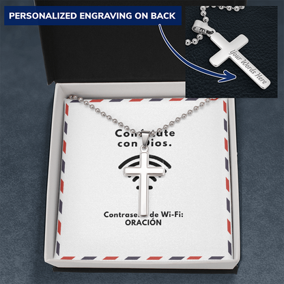 Conéctate con Dios – “WiFi Password: PRAYER” Personalized Cross Necklace | Faith & Prayer Gift