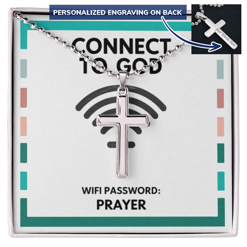 “Connect to God – WiFi Password: PRAYER” personalized cross necklace
