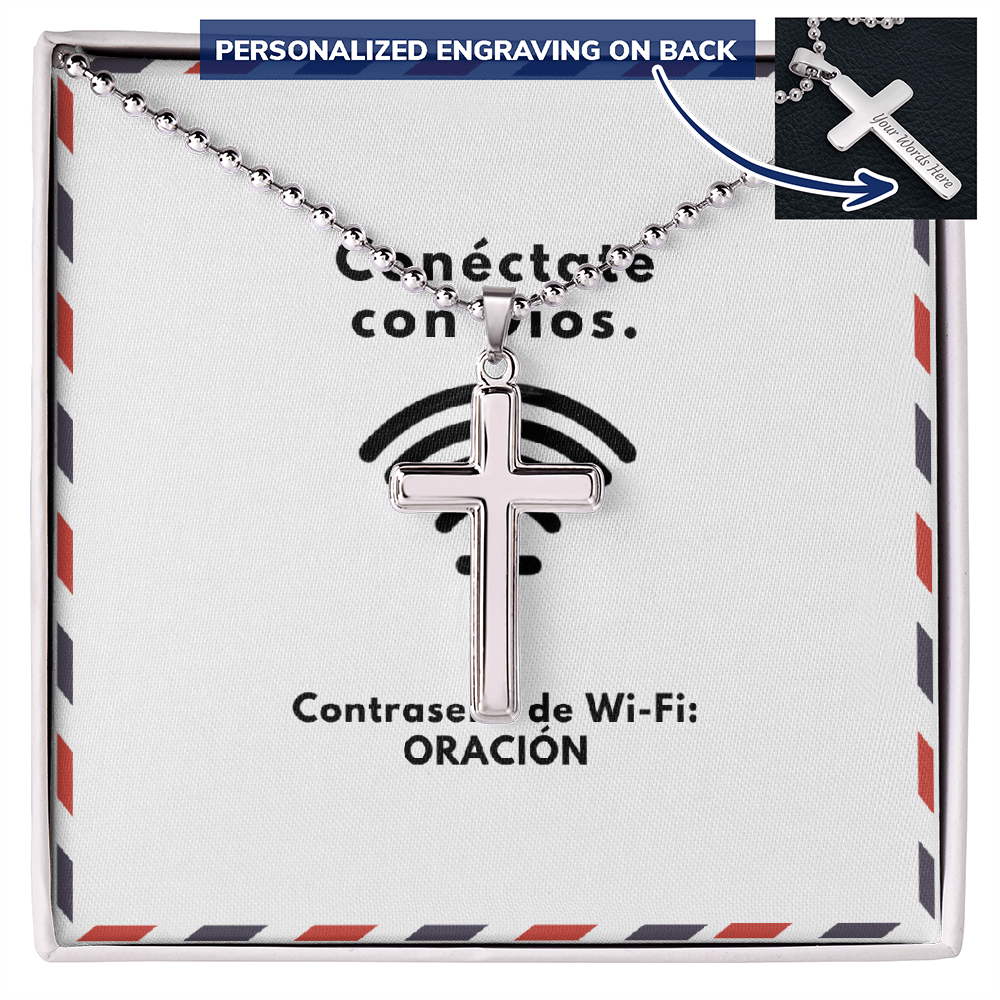 Conéctate con Dios – “WiFi Password: PRAYER” Personalized Cross Necklace | Faith & Prayer Gift