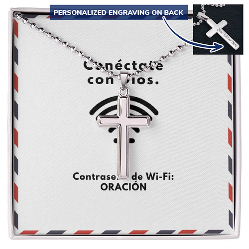 Conéctate con Dios – “WiFi Password: PRAYER” Personalized Cross Necklace | Faith & Prayer Gift