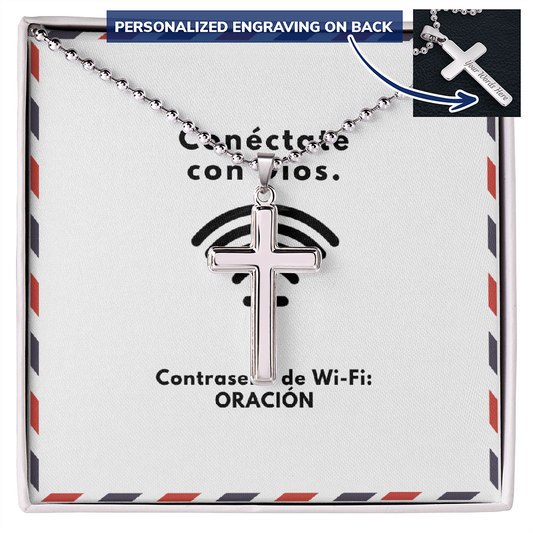 Conéctate con Dios – “WiFi Password: PRAYER” Personalized Cross Necklace | Faith & Prayer Gift