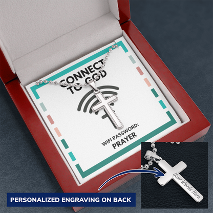 Modern stainless steel cross pendant on 24-inch ball chain