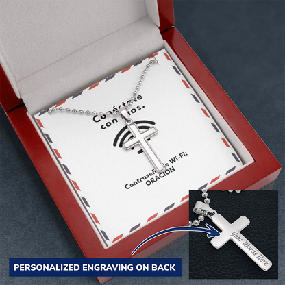 Conéctate con Dios – “WiFi Password: PRAYER” Personalized Cross Necklace | Faith & Prayer Gift